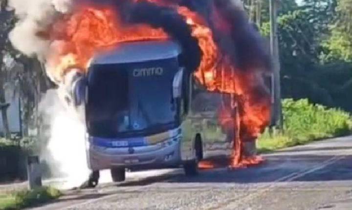 Ônibus é destruído por incêndio na BA-262, trecho entre Ilhéus e Uruçuca