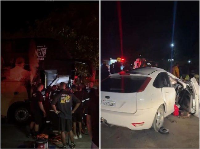 Colisão entre ônibus de cantor e carro de passeio deixa três mortos em Santo Antônio de Jesus