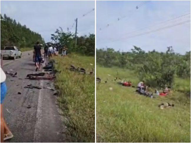 Batida entre carro e seis motocicletas mata dois jovens e deixa oito feridos