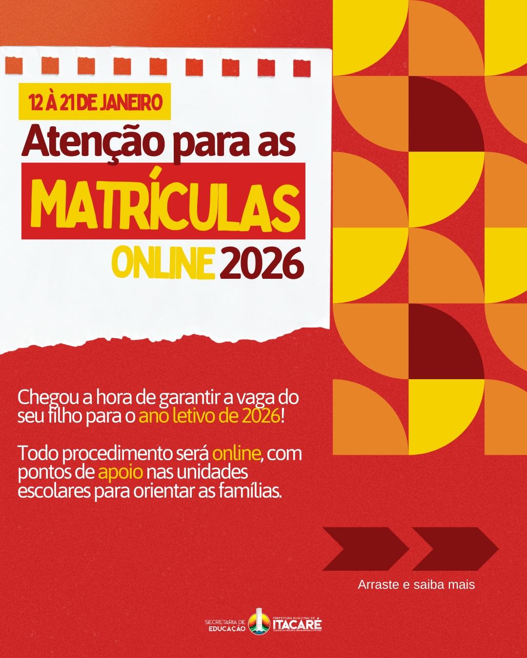 Matrículas Online 2026 da Rede Municipal de Itacaré já estão abertas