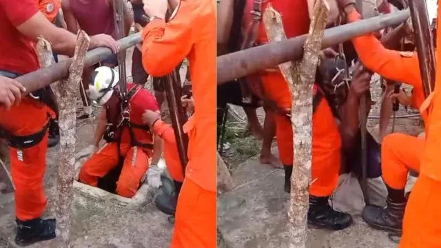 Pai e filho são resgatados após queda em poço de 10 metros na Bahia